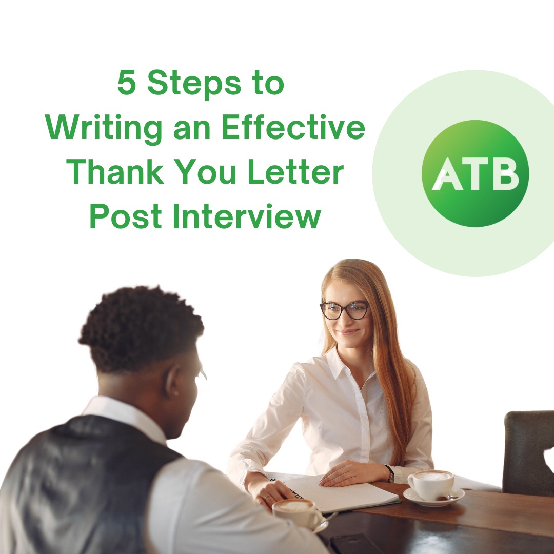 Infographic outlining 5 steps to write an effective thank you letter after a job interview.